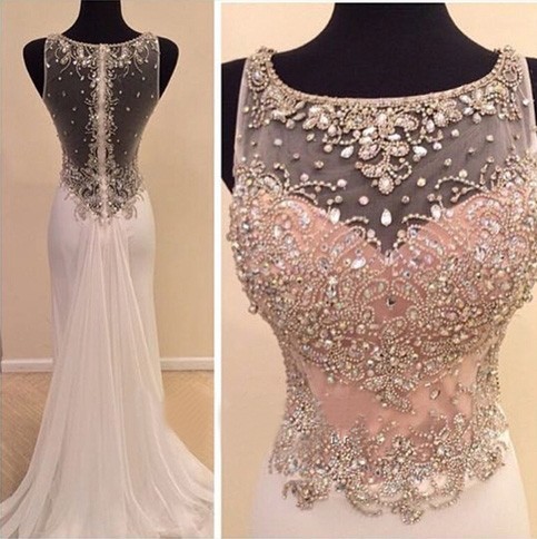 

Vestidos de formatura 2016 REAL Image White Crystal Mermaid Prom Dresses Fast Shipping Chiffon Sheer Back Evening Gowns Formal Party Dress, Same as picture