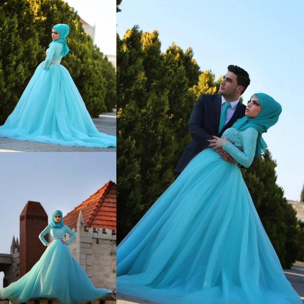2021 Long Sleeve High Neck Muslim Wedding Dresses Sky Blue Lace Crystal A Line Bridal Gowns Vestido De Noiva Wedding Gowns-image-241149055