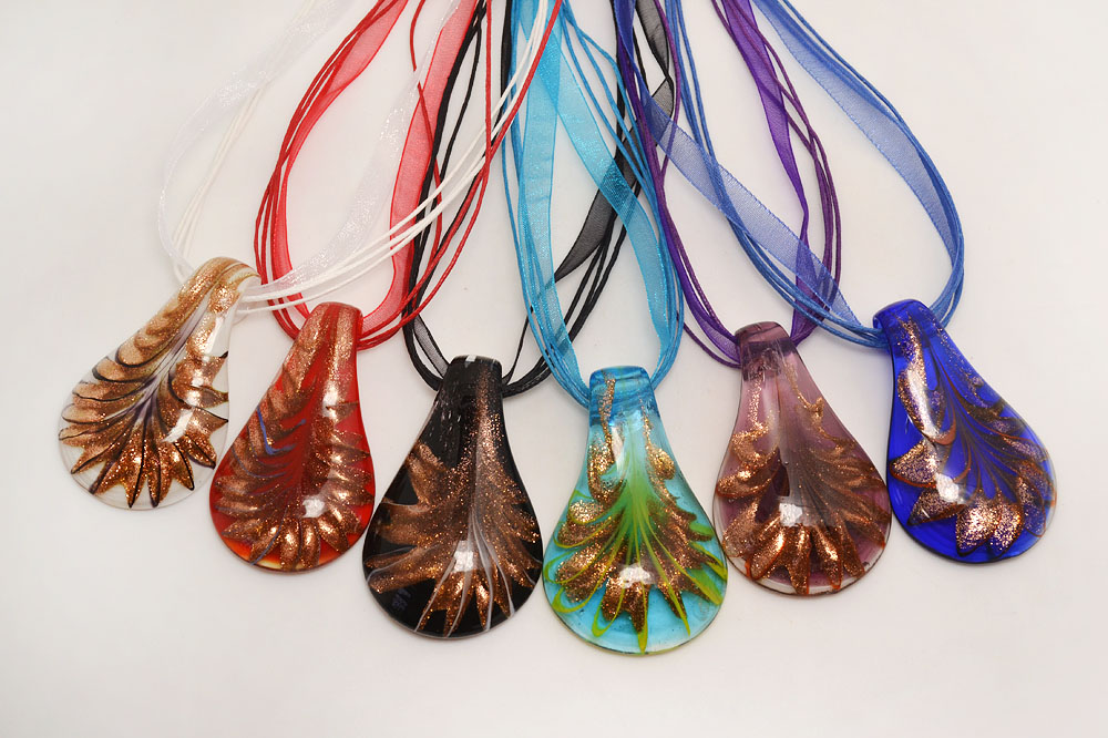 Collar cadena vidrio Lampwork lámina de plata Murano tipo multicolor lila 370o
