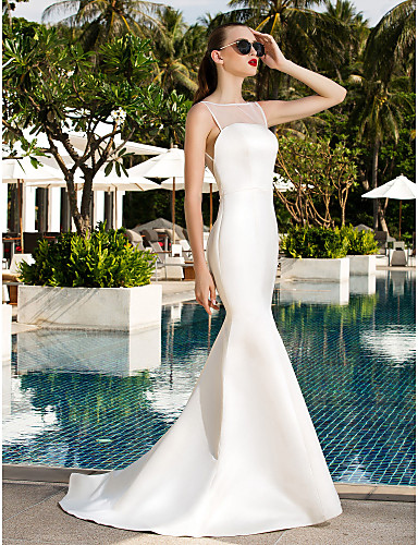 

2016 New Hot Sale Fashion Trumpet/Mermaid Ivory Ivory Sweep/Brush Train Scoop Satin/Tulle Simple Beach Wedding Dresses 230, Same as image