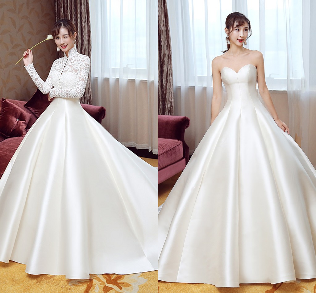 

2018 Vestido De Noiva New Design Satin Wedding Dress With Lace Jacket Wedding Gown Arabic Muslim Wedding Dresses robe de mariage, Ivory