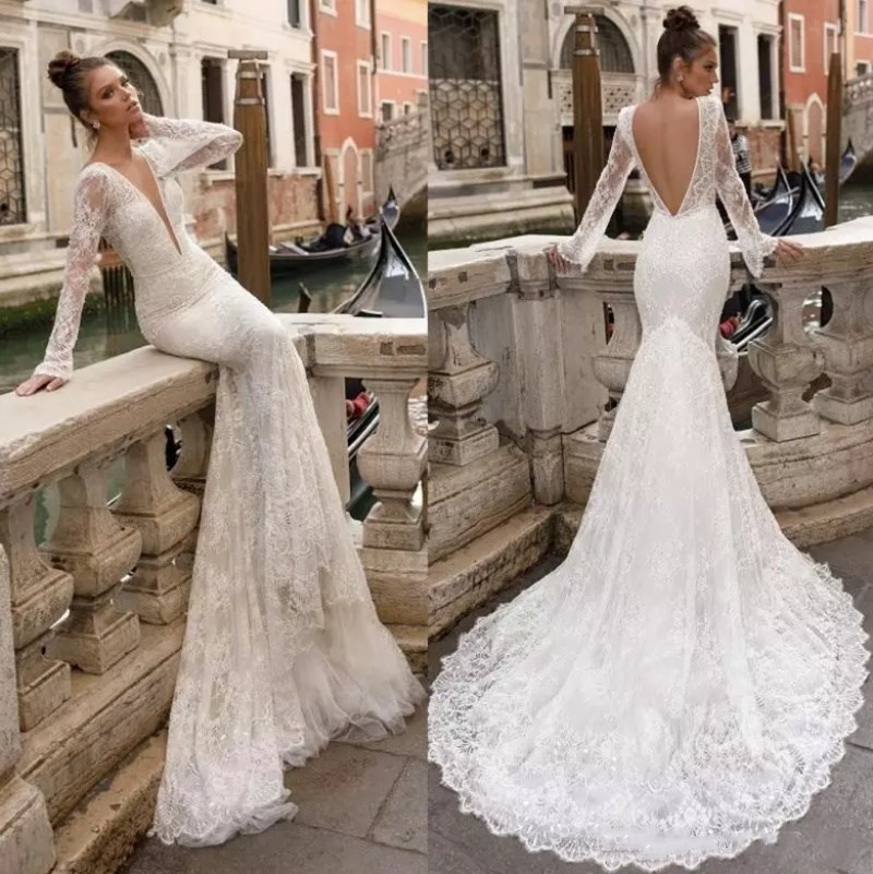 

Vintage Full Lace Berta Wedding Dress Sexy Backless Mermaid Sheer Long Sleeves Plunging V Neck Custom Made Wedding Gowns, Black