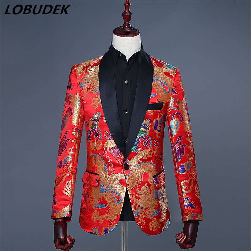 

Chinese style male slim fashion suit jacket red Embroidery wedding coat blazer Formal Party Host singer stage performance outfit costumes