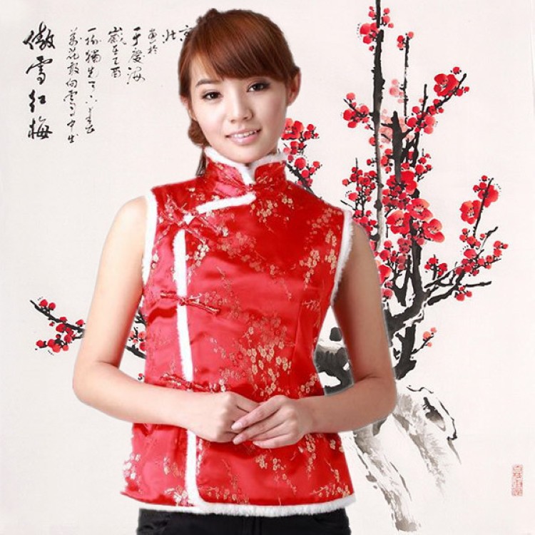 

Wholesale-2015 New Ladies Girls womens winter traditional Chinese garments Vest with free and drop shipping, Red dragon