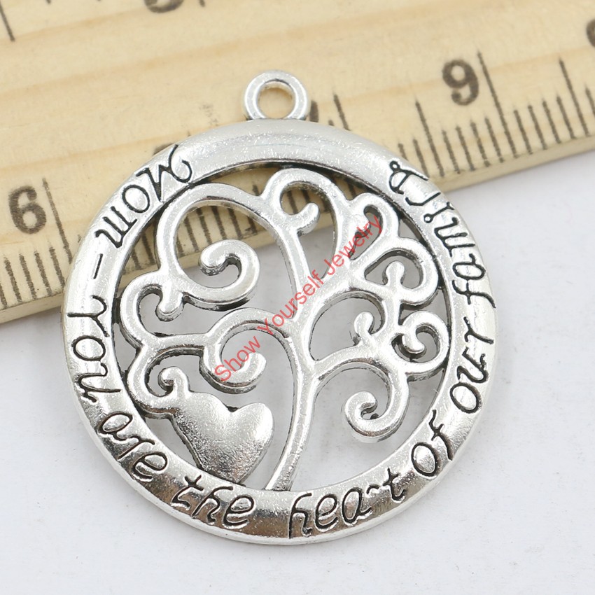 10pcs Hot Sale Antique Silver Tree of Life Mom You are the Heart of Family Charm Pendant for Jewelry Making DIY Handmade 32x28mm Jewelry mak-image-375334450