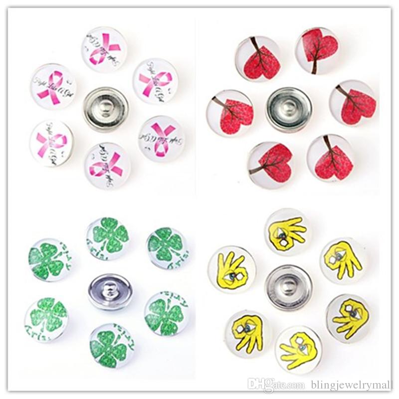 

Pink Ribbon Clover Heart OK Gesture Design Colored 18MM Glass Snap Buttons Women Charm Bracelet Snap Jewelry Free Shipping
