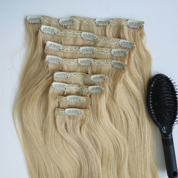

280g 20 22inch Brazilian Clip in hair Extension 100% human hair 613#/Bleach Blonde Remy Straight Hair weaves 8pcs/set free comb