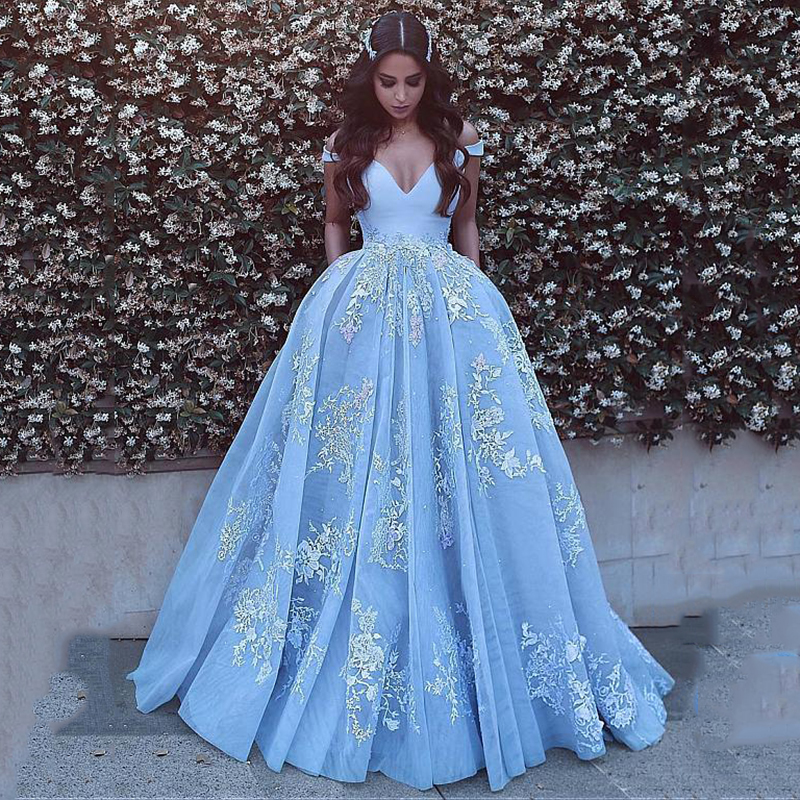 

Vestido De Festa Elegant V Neck Dress Lace Appliqued Long Evening Dress Cap Sleeve Blue Formal Prom Party Dresses Evening Gowns Vestido Longo