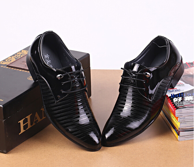 

(san) 2015 new spring autumn men leather shoes pointed toe patent leather shoes business casual leather shoes lace up oxfords shoes, Black