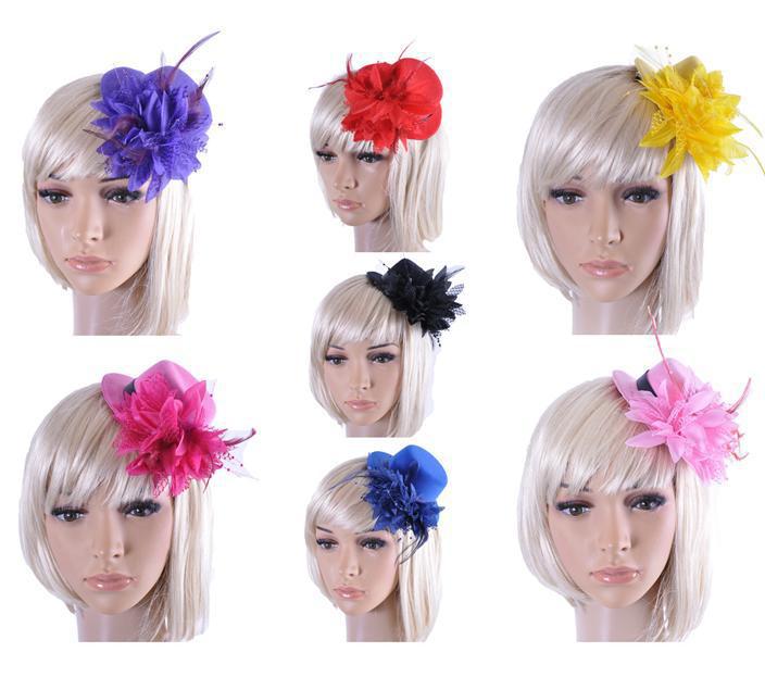 Feather Hat Wedding Ribbon Gauze lace Feather Flower Mini top hats fascinator party hair clips caps homburg millinery Bridal Accessories