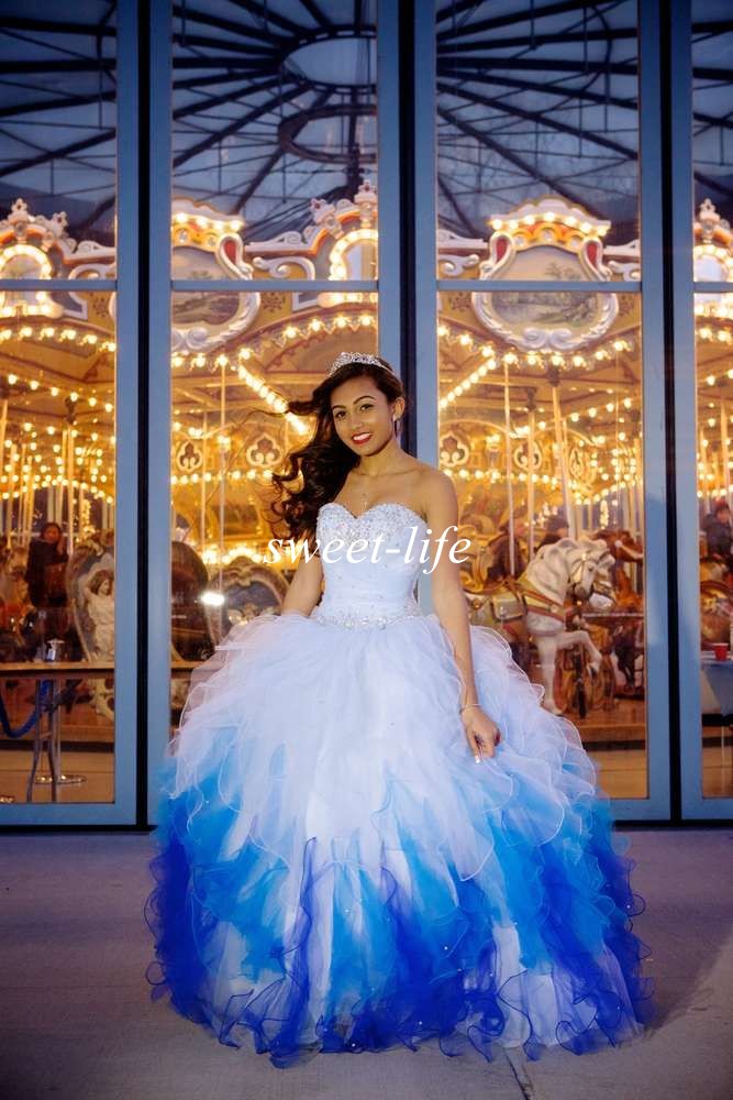

2019 Exquisite Quinceanera Dresses Ombre White Blue Ball Gown Sweetheart Ruffled Organza Sequins Lace Up Vestidos De Fiesta Sweet 16 Dresses, Gold