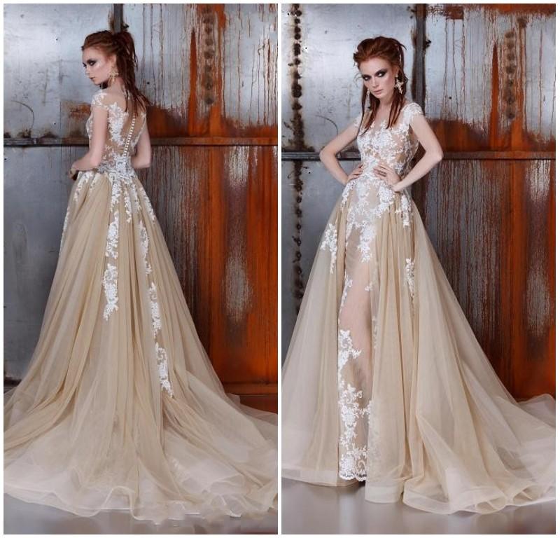 

Gothic 2016 Tulle Champagne White Lace Applique A Line Wedding Dresses With Detachable Skirt 2 In 1 Illusion Back Bridal Gown EN12911