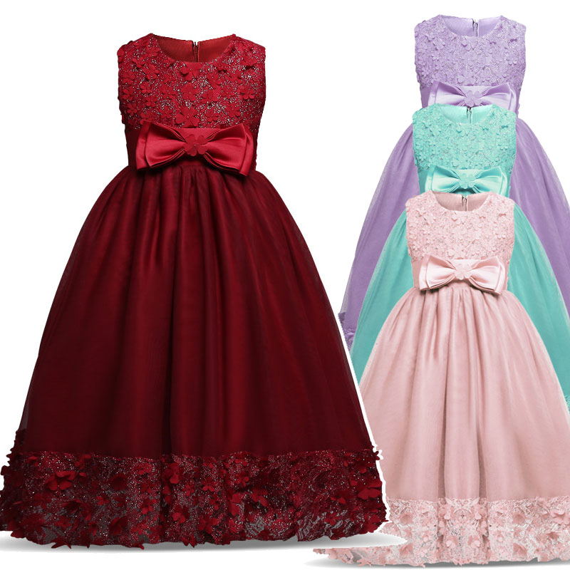 

Teenage Kid Girl Flower Petals Dress Children Bridesmaid Elegant Dress Vestido Infantil Prom Formal Party Dress, Pink