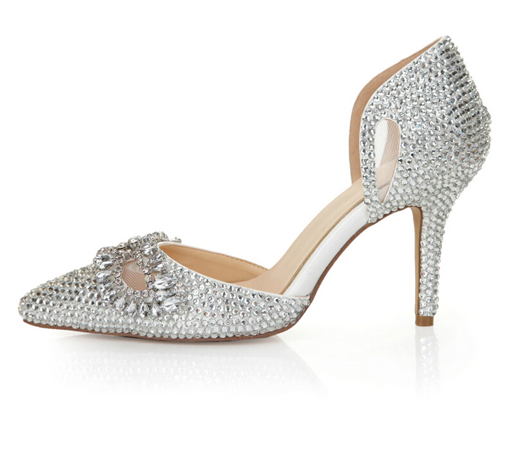 

Silver Rhinestone Heels Pointed Toe Bling Cinderella Shoes Size 40 41 8cm Bridal Dress Shoes Nightclub Crystal Women Prom Shoes