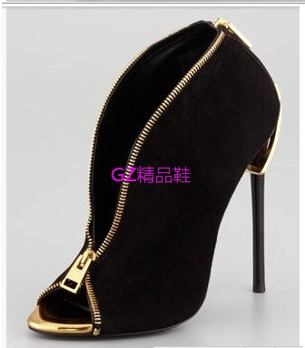

Free Shipping 2015 Ladies suede leather 10CM high heel Dress Shoes Peep-toe Gold Metal Pointed Toe size 35-42, Black
