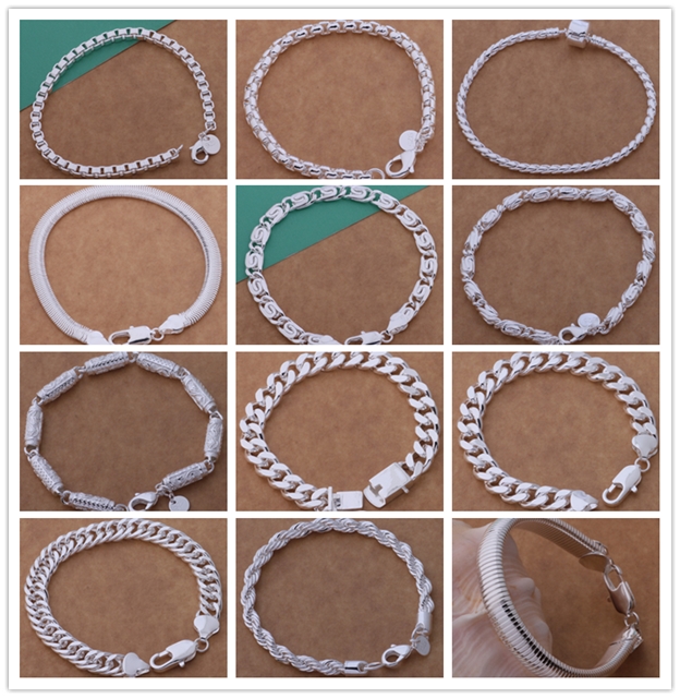 

Mixed Order high quality 925 sterling silver plated chain bracelet cool personality fashion Men's Jewelry Factory price free shipping 12pc, Black