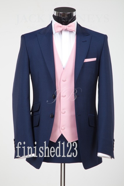 

New Arrivals Two Button Navy Blue Groom Tuxedos Peak Lapel Groomsmen Best Man Wedding Prom Dinner Suits (Jacket+Pants+Vest+Tie) G5110