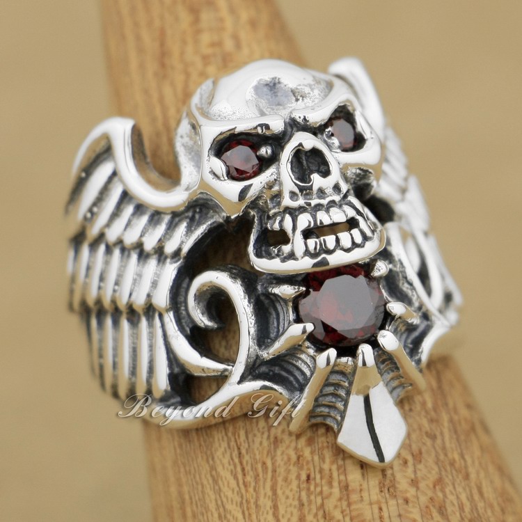 

925 Sterling Silver Devil Wing Skull Red CZ Stone Mens Biker Ring 9M013 US Size 8~14 Free Shipping