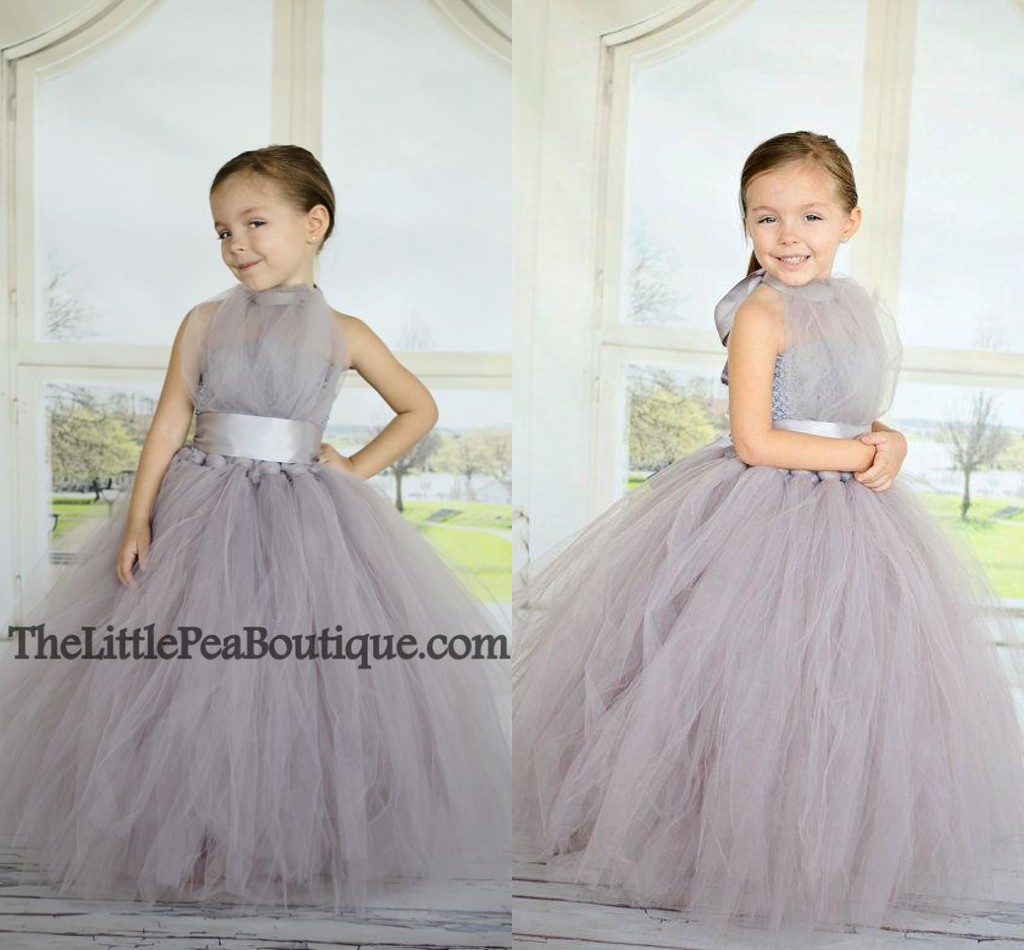 

Long A-Line Tulle Flower Girls Dress for Wedding Halter Sash Floor Length Little Girl Pageant Party Dresses, Gold
