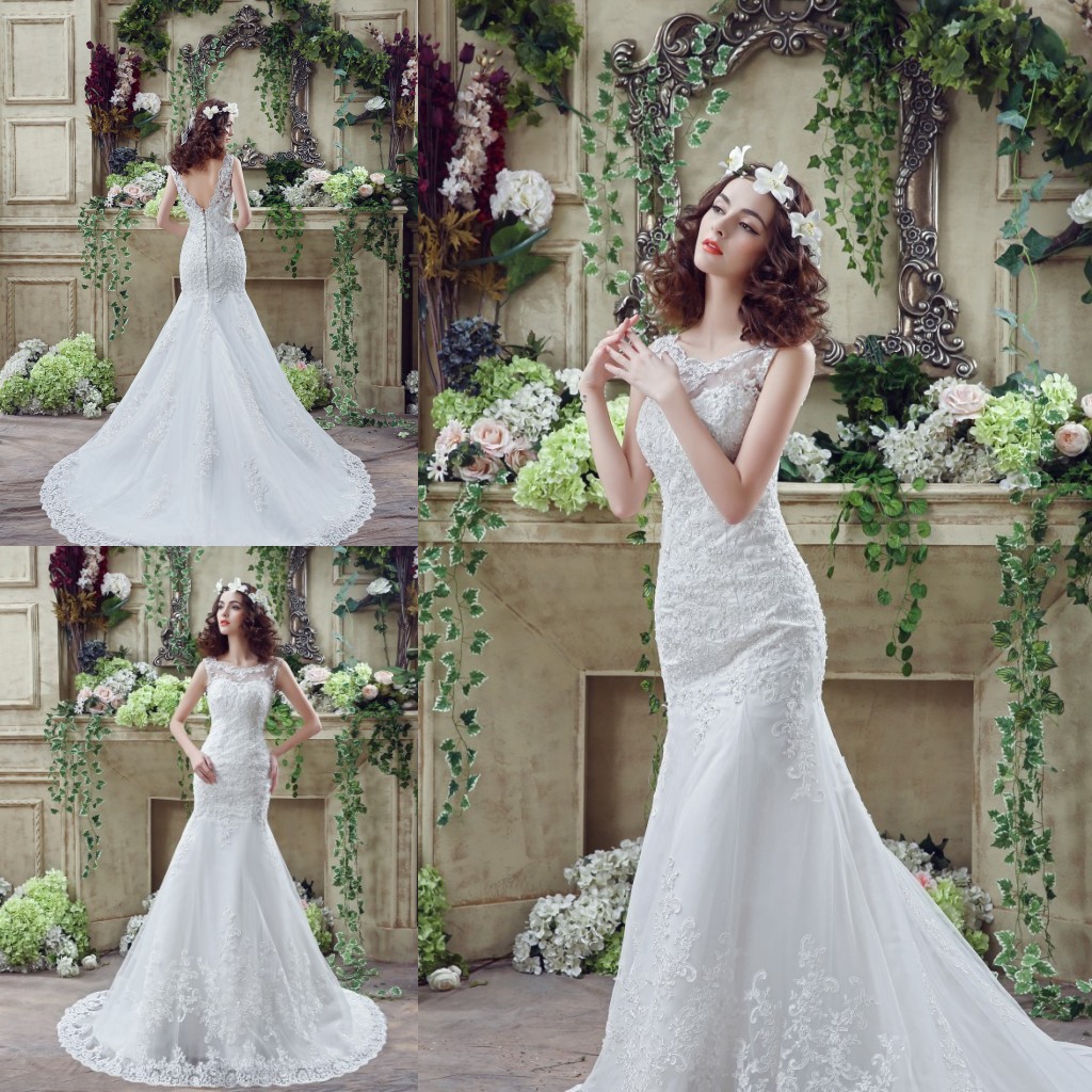 

In stock !New Sheer Lace Mermaid Wedding Dresses 2018 Robe De Mariage Sheer Neck Cap Sleeve Sexy Back Elegant Bridal Gowns Plus Size, White