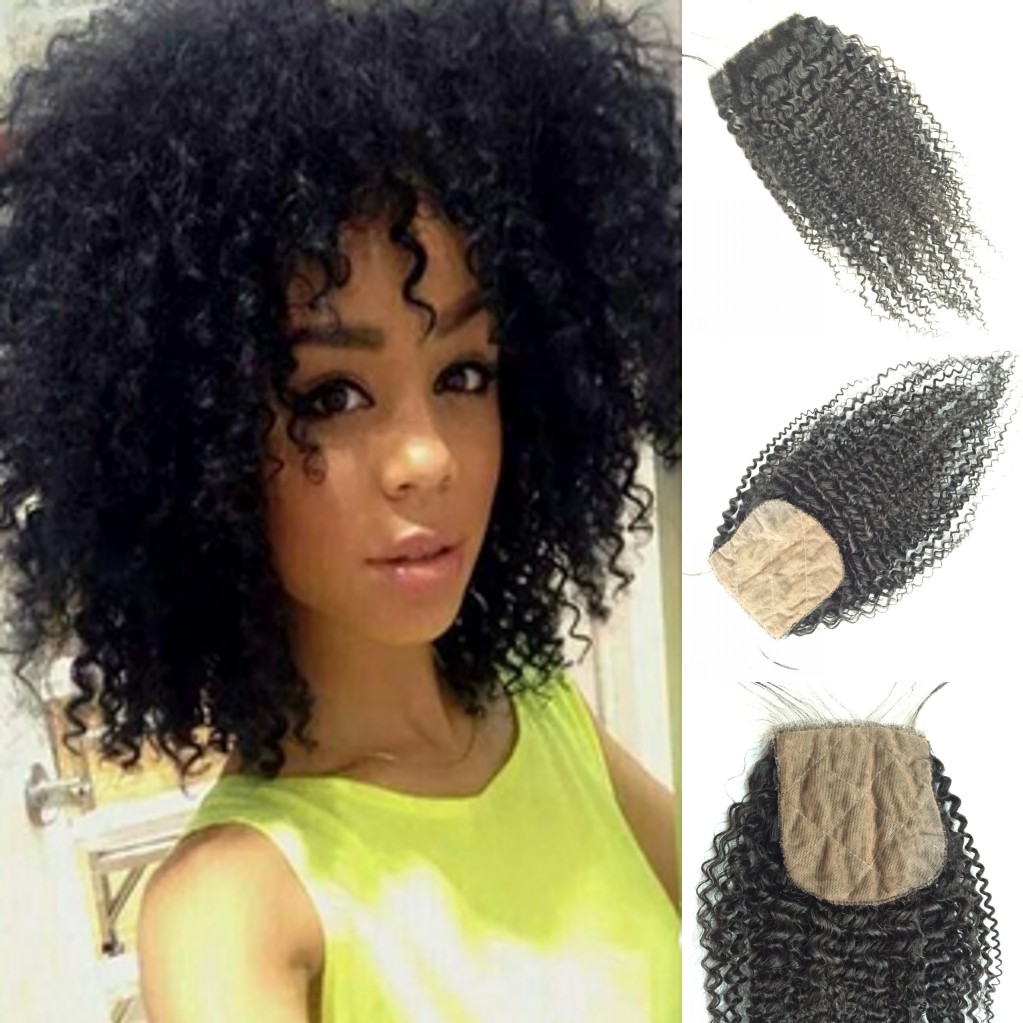 

100% Cambodian Virgin Hair Silk Base Lace Closure 4"x4" 10-20inch Afro Kinky Curly Unprocessed Human Hair Closure Bleached Knots