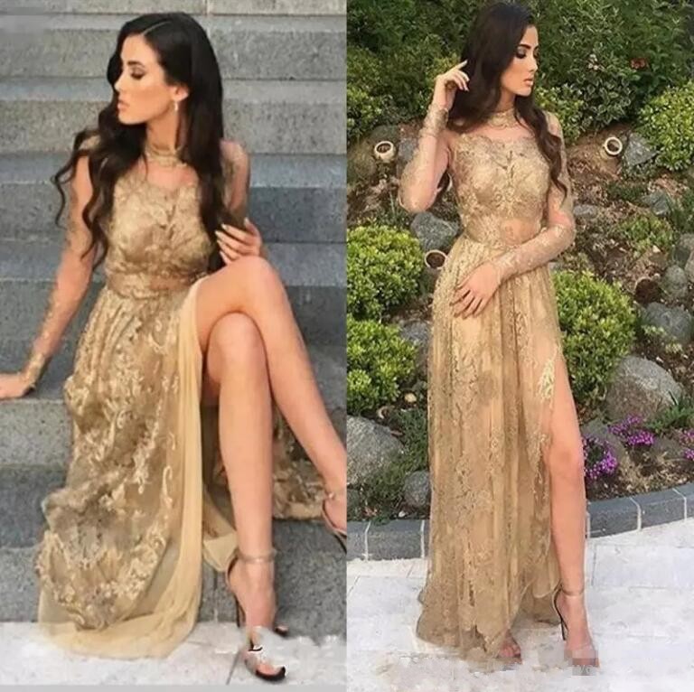 

Sexy Gold Illusion Bodices Long Prom Dresses 2018 High Neck Sheer Long Sleeves Side Split Evening Gowns Vintage Arabic Fashion Wear, Hunter