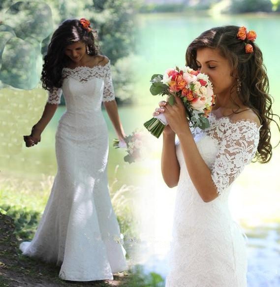 

New Romantic Sheer Lace Mermaid Wedding Dresses 2018 Half Sleeve Bridal Gown Sexy Off Shoulder Sweep train Back Corset Modern Wedding Gowns, Ivory