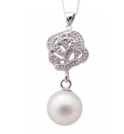 

Wholesale Hot Ms. Pierced roses shape 8-9mm white natural pearl pendant necklace 925 silver inlay zircon 0020