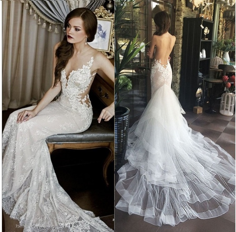 

Gorgeous 2017 Sexy Illusion Bodice Sheer V Neck Lace Mermaid Wedding Dresses With Tulle Tiered Detachable Skirt Chapel Bridal Gowns EN11096, Black