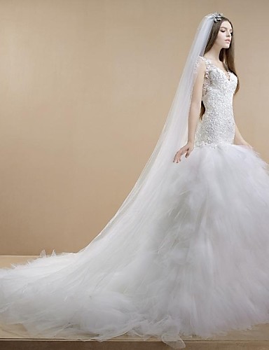 

2016 New Hot Sale Fashion Trumpet/Mermaid Charming White Cathedral Train Appliques V-neck Lace/Tulle Wedding Dresses 224, Same as image