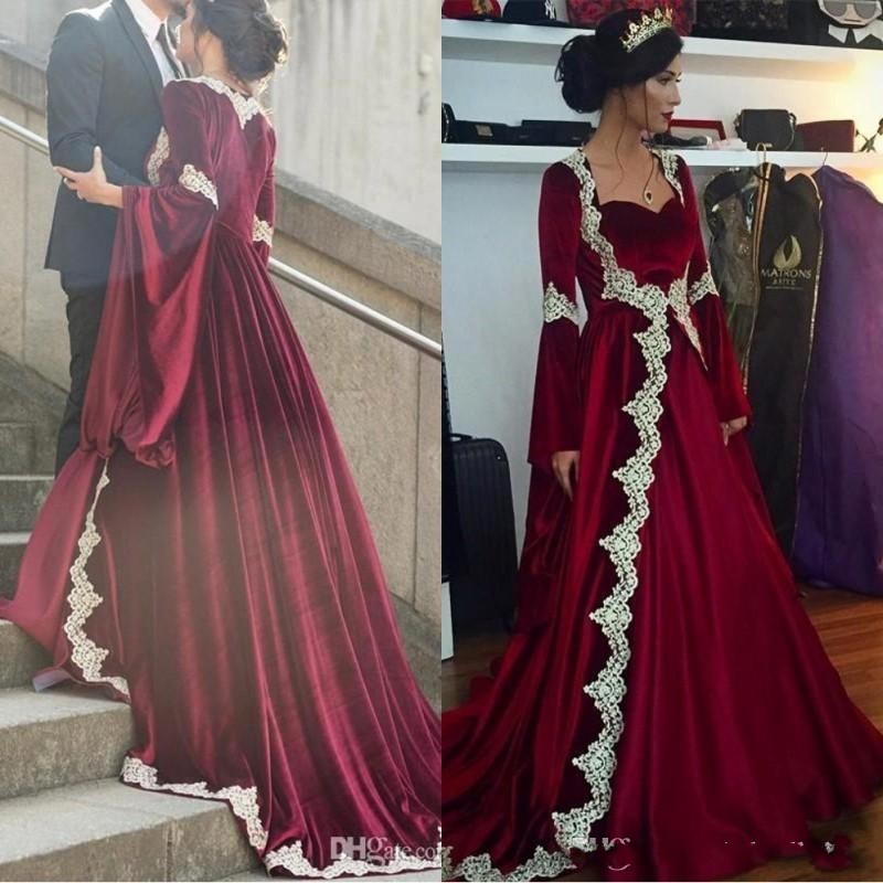 

2019 Elegant Burgundy Arabic Long Velvet Formal Evening Gown Muslim Lace Appliques mermaid Long Sleeves Caftan Dubai Prom Party Dress, Green