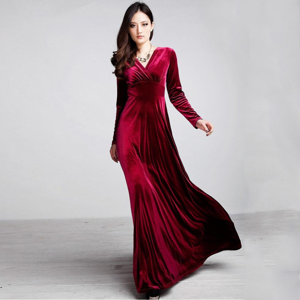 

Hot Sales Spring Autumn Sexy Elegant Lady Velvet Warm Maxi Dress Women Long Sleeve Deep V Ankle Length Dress FG1511, Red