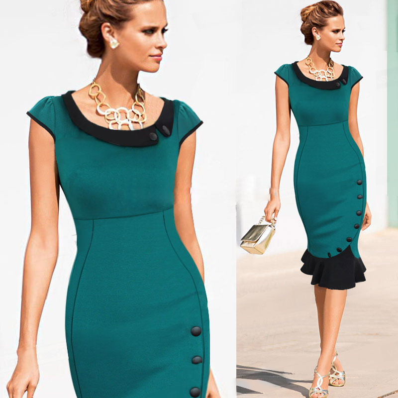 

2014 mermaid eleagnt formal sleeveless Womens special Button Wear To Work Celebrity Evening Party Wiggle Pencil Dress, Green
