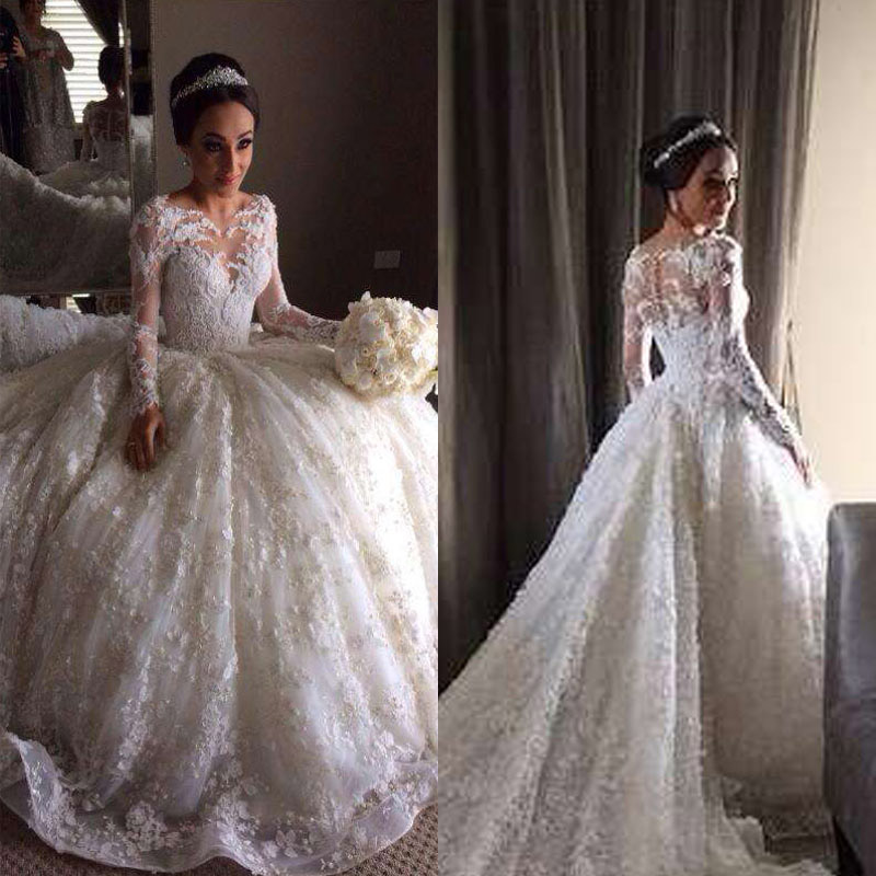 

Ball Gowns Lace Wedding Dresses With Long Sleeve Sheer Neck Chapel Train Princess Applique Beaded Sequin Hollow Plus Size Bridal Gowns New, Red
