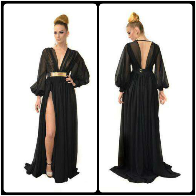 

2016 Modest Black Long Sleeve Prom Dresses Deep V Neck Chiffon Formal Women's Party Gowns Backless Evening Dress Online, Dark green