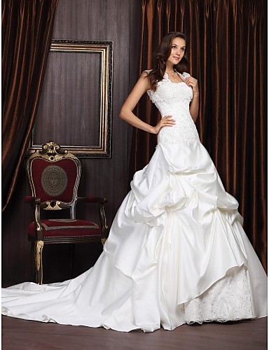 

2016 New Hot Fashion Free Shipping Ball Gown Ivory Chapel Train Strapless Lace-up Appliques Satin/Lace Wedding Dresses 004