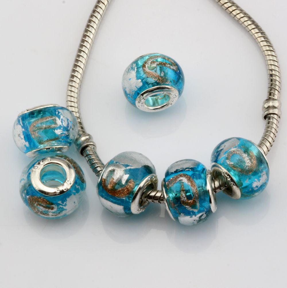 

MIC 50pcs Sky Blue Gold Silver Foil Alphabet "e" lampwork Glass Large Hole Beads Fit Beaded Bracelet