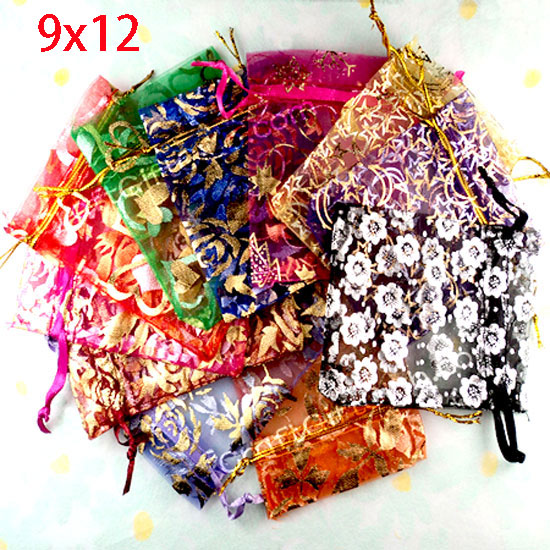 Wholesale- Special Offer Promotion Mariage Boda 100 Random Mixed Bronzing Drawable Organza Gift Bags&pouches 12x9cm(w00460 X 1)