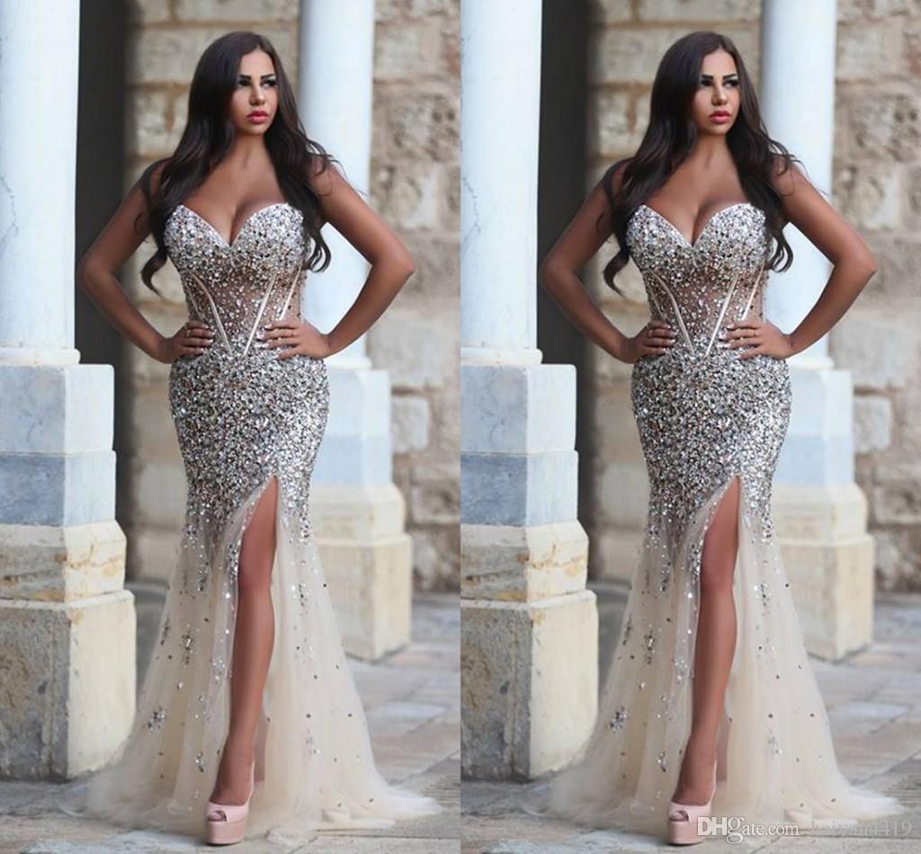 

New Major Beading Arabic Evening Dresses Sweetheart Mermaid Sheer Skirt Long Cutaway Sides Tulle Split Formal Prom Pageant Party Gowns, Daffodil