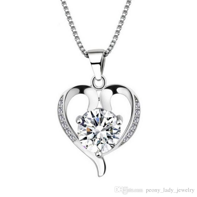 

2018 woman silver necklace crystal pendant statement necklaces vintage wedding hollow heart fashion free shipping necklace
