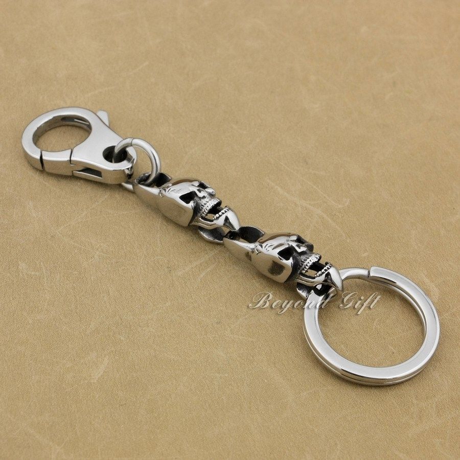 316L Stainless Steel Mens Skulls KeyRing Biker Keychain 5T006KCA Punk Jewelry