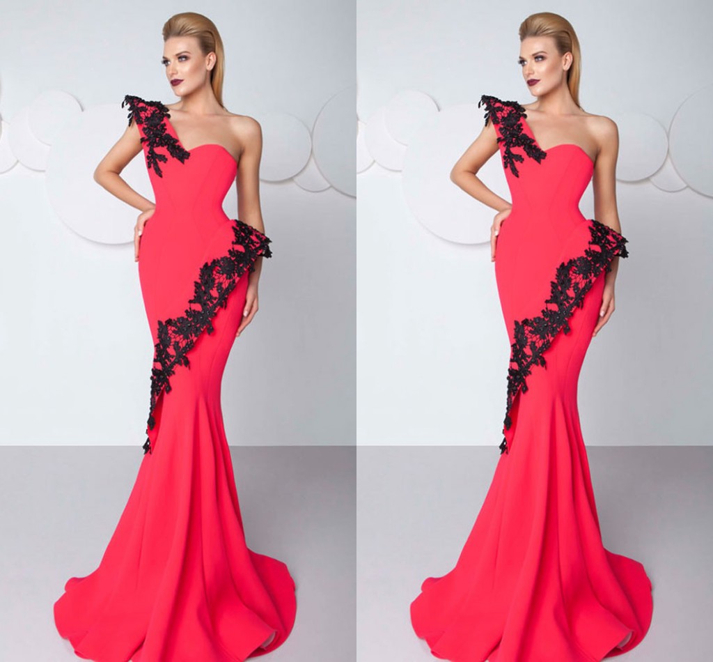 

2018 Sexy Red Mermaid Prom Dresses one Shoulder Sweep Train Women evening Gowns Applique Lace Made In China Elegant Party Gown, Custom made
