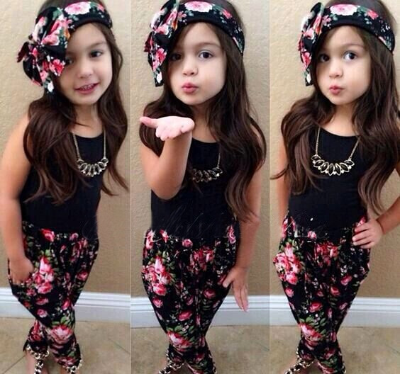 

New Fashion Summer Children 3 Pieces Clothing Set Black Top With Floral Pants And Headband Girls Fashion Outfits BH6112