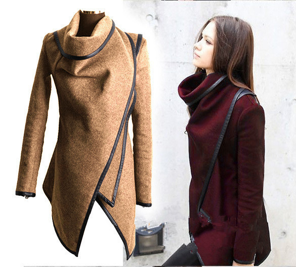 

Wholesale-Europe' plus size fashion women popular wool coat jacket long designing irregular hem spliced leather turtleneck casual coat, Black
