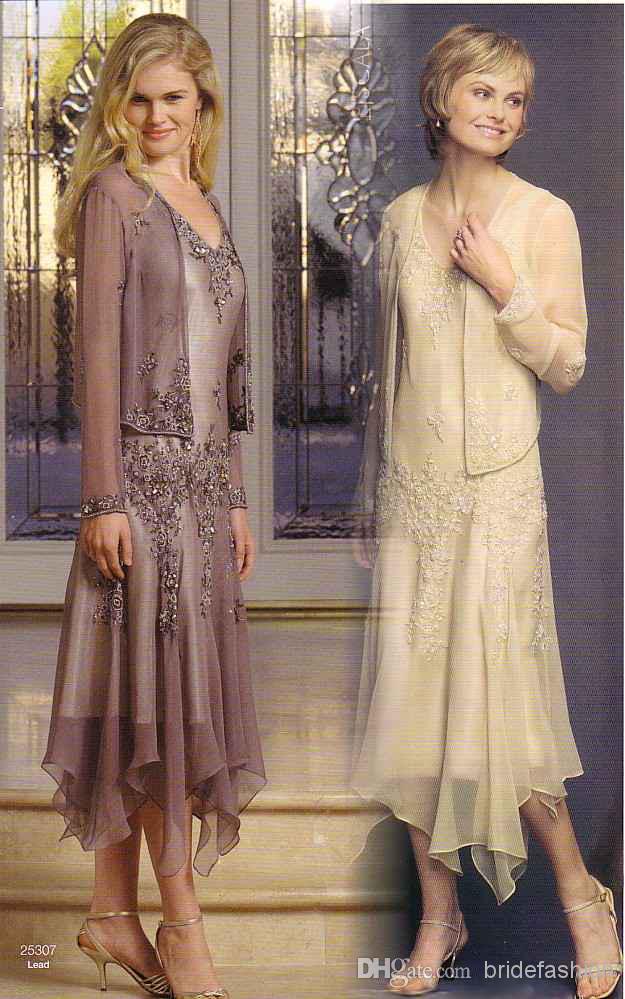 

Cheap Newest A Line V-Neck Tea Length Mauve Champagne Chiffon Appliques Sheer Long Sleeve Jacket Plus Size Mother Of The Bride Dresses