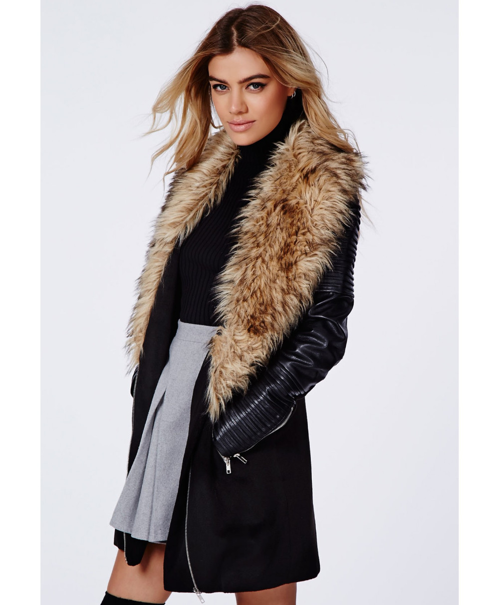 Wholesale-Womens Coats Winter 2015 Wool Coat With Leather Sleeves Women's Winter Long Wool Coat With Fur Collar