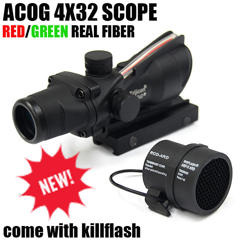 

Tactical Trijicon ACOG 4x32 Fiber Optics Scope w/ Real Red/Green Fiber Crosshair Riflescopes come with Kill Flash