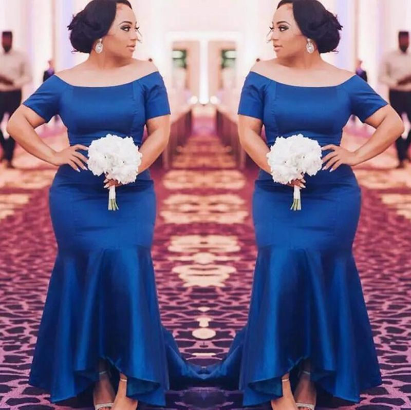 

Royal Blue Plus Size Mermaid Bridesmaid Dresses Long 2018 Satin Short Sleeves Maid Of Honor Gown High Low Wedding Guest Party Dress EN112214
