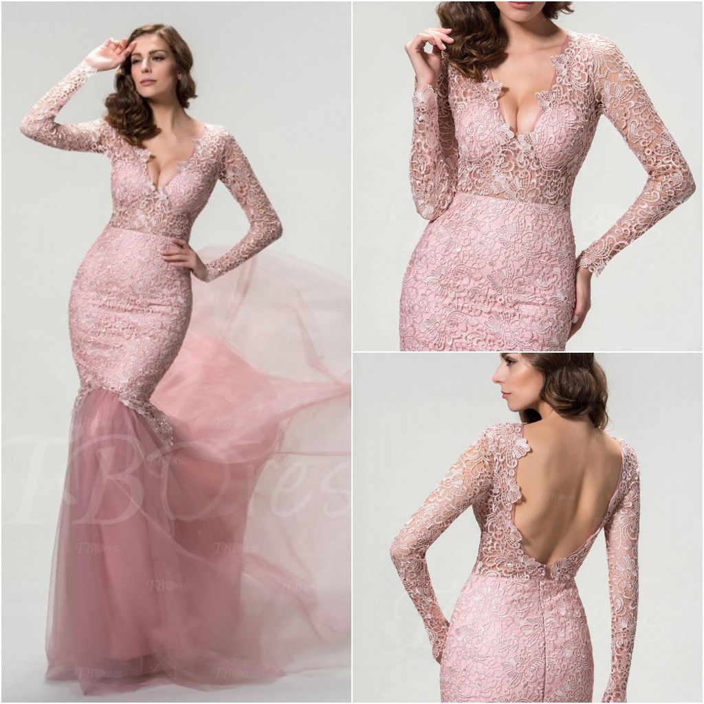 

2016 Hot Sale Fashion New Arrival Charming Free Shipping Pink Long Sleeves Deep V-Neck Backless Mermaid Lace Tlle Evening Dresses 1101, Same as picture
