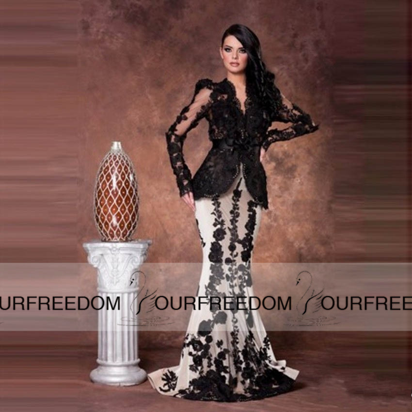 

2019 Elegant V Neck Saudi Arabia Mermaid Long Evening Dress Long Sleeve prom gowns Long black and white lace applique Evening Gowns, Same as picture